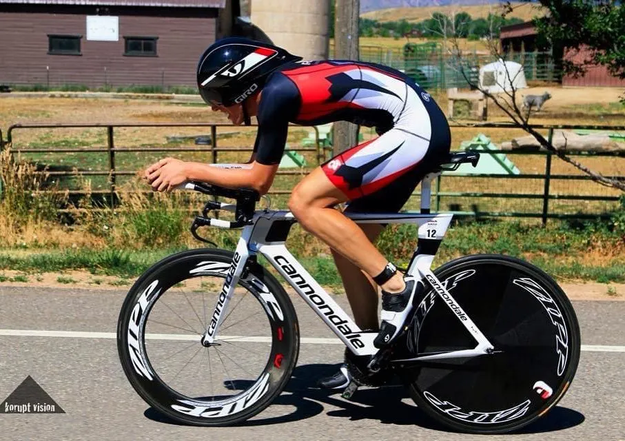 Mark Bowstead riding an aero time trial bike during the Ironman Australia bike leg, where he set the course record.