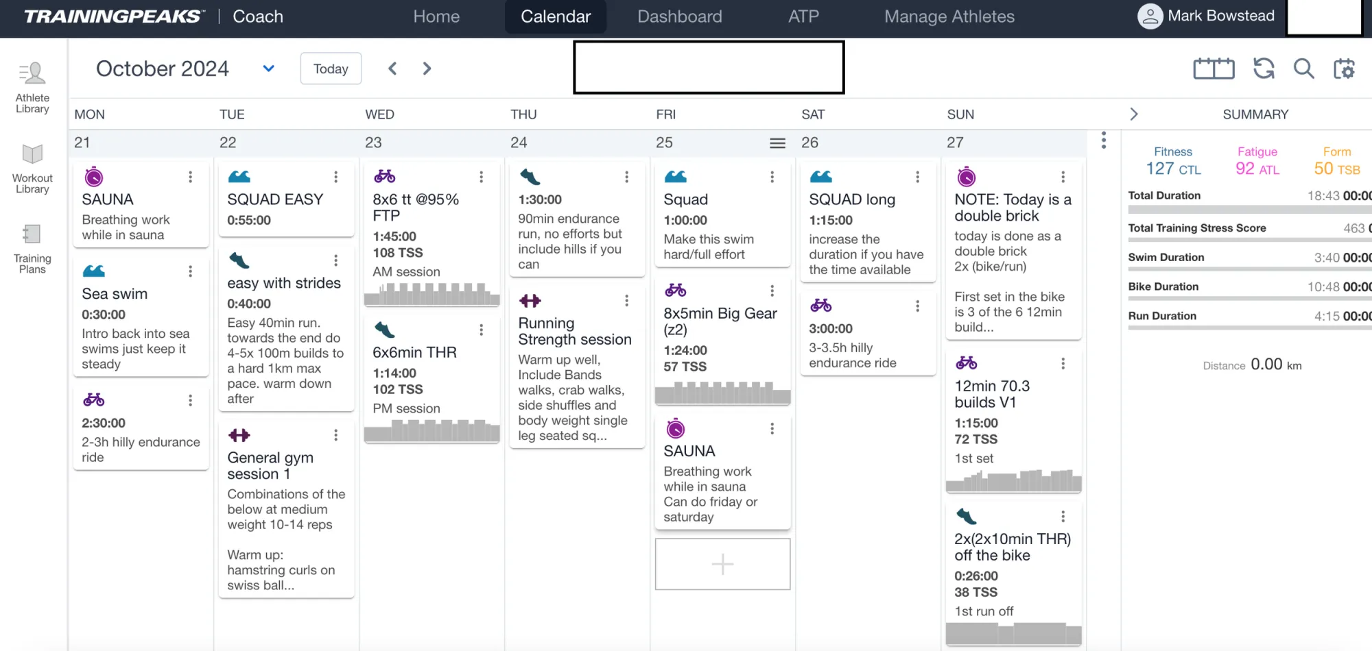 A week of training in the TrainingPeaks calendar